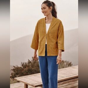 J.Jill Purejill Dandelion Yellow Cotton Kantha Stitch Wide Sleeve Jacket Size L